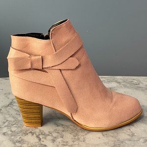 Pink Stacked Heel Ankle Boots Bowknot Side Zip Booties Size 11 (Euro size 42)